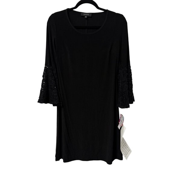 R&M RICHARDS BLACK DRESS LACE SEQUINS BELL SLEEVES BOHO CHIC ELEGANT SIZE 6 NEW - Picture 1 of 9